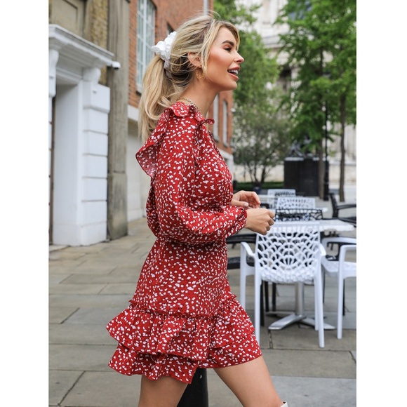 Heart Print Ruffle Detail Deep V Backless Dress - Picture 3 of 8